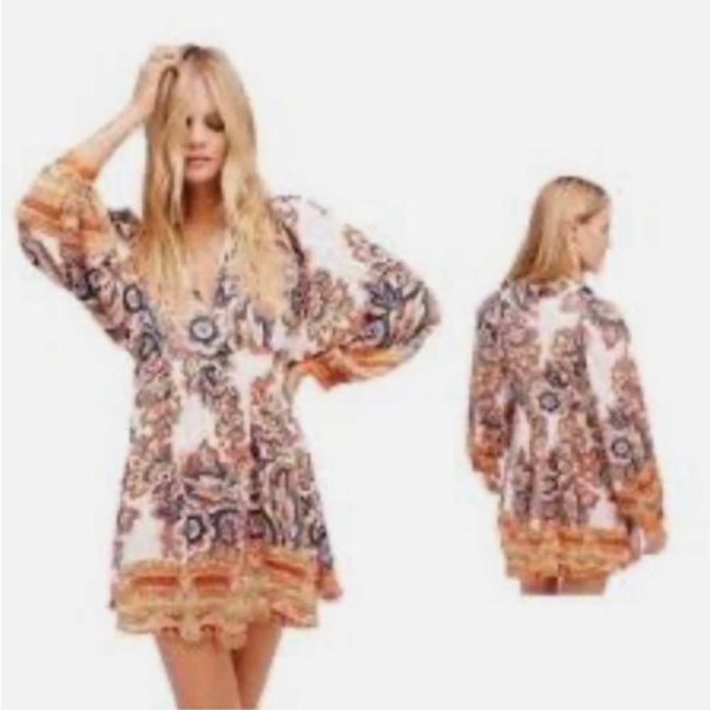 EUC Free People paisley long sleeve v neck dress size S - Picture 1 of 8